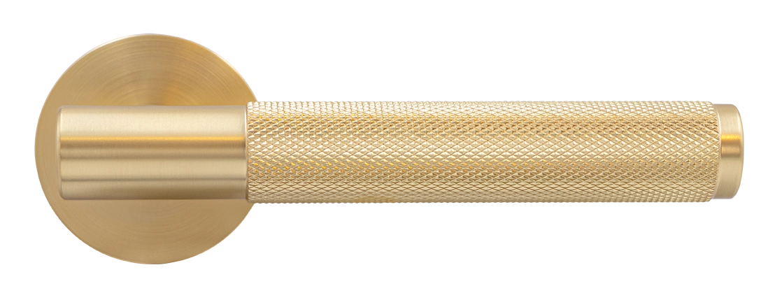 Ручка дверная AZRIELI MH-57-R6T MSG раздельная на круглой розетке, цвет матовый сатинированный золото, ЦАМ фото купить в Оренбурге