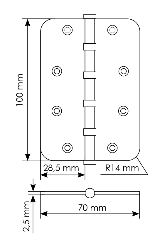 Петля стальная MSN-C 100X70X2.5-4BB SG скругленная универсальная с подшипником, вес полотна до 40 кг, цвет матовое золото фото купить в Оренбурге