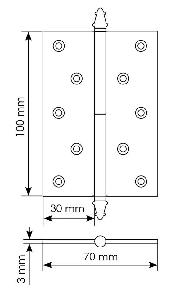 Петля разъемная латунная карточная MB 100X70X3 SN L C  с коронкой левая, врезная, цвет белый никель фото купить в Оренбурге